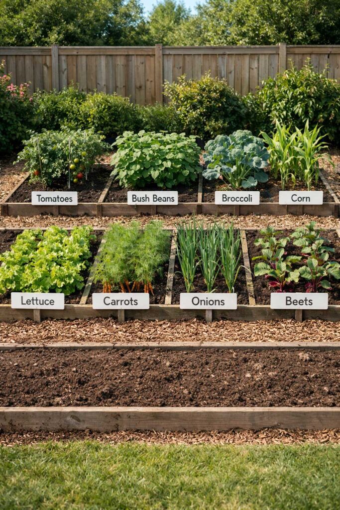 Organized Vegetable Garden with Labeled Sections