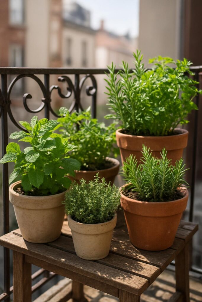 urban balcony herb garden with multiple containers