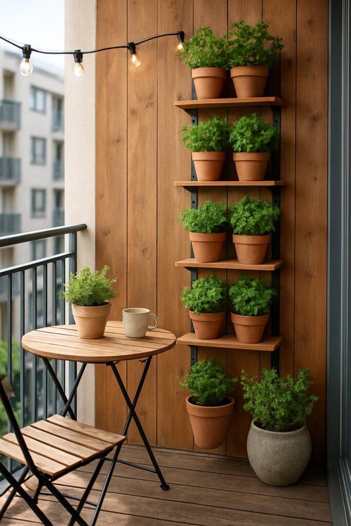 modern small balcony with a vertical herb garden