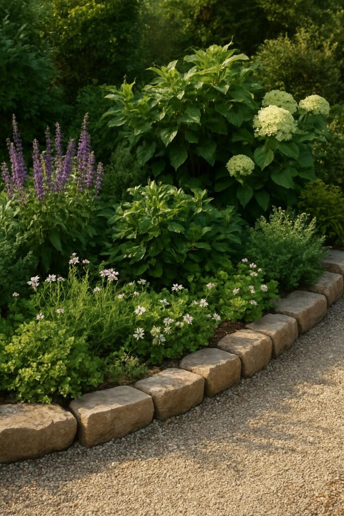 Garden bed with natural stone borders