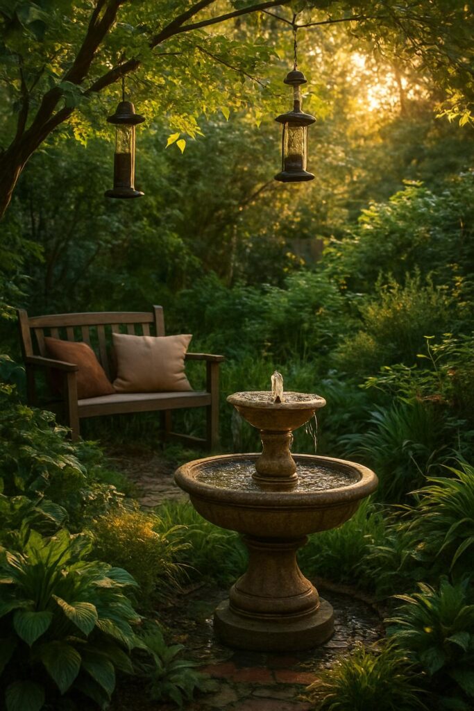 Peaceful Garden Corner with Water Fountain and Bird Feeders