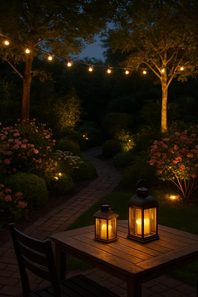 Cozy Evening Garden with Warm Outdoor Lighting