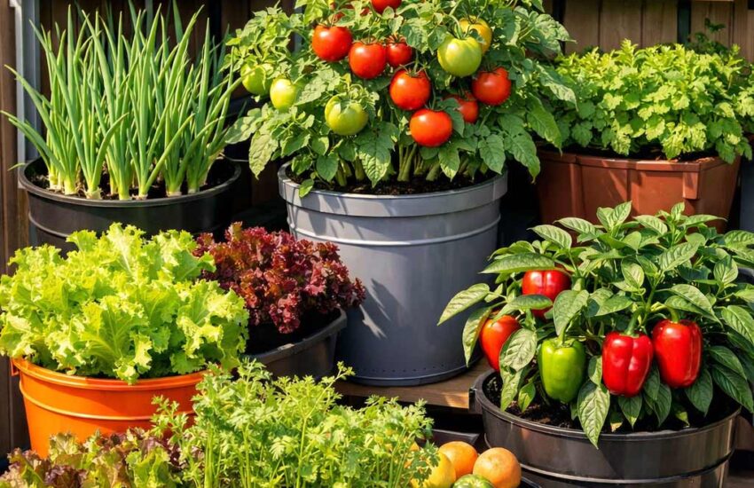 Thriving bucket garden with vegetables growing in organized containers in a bright small space gardening setup.