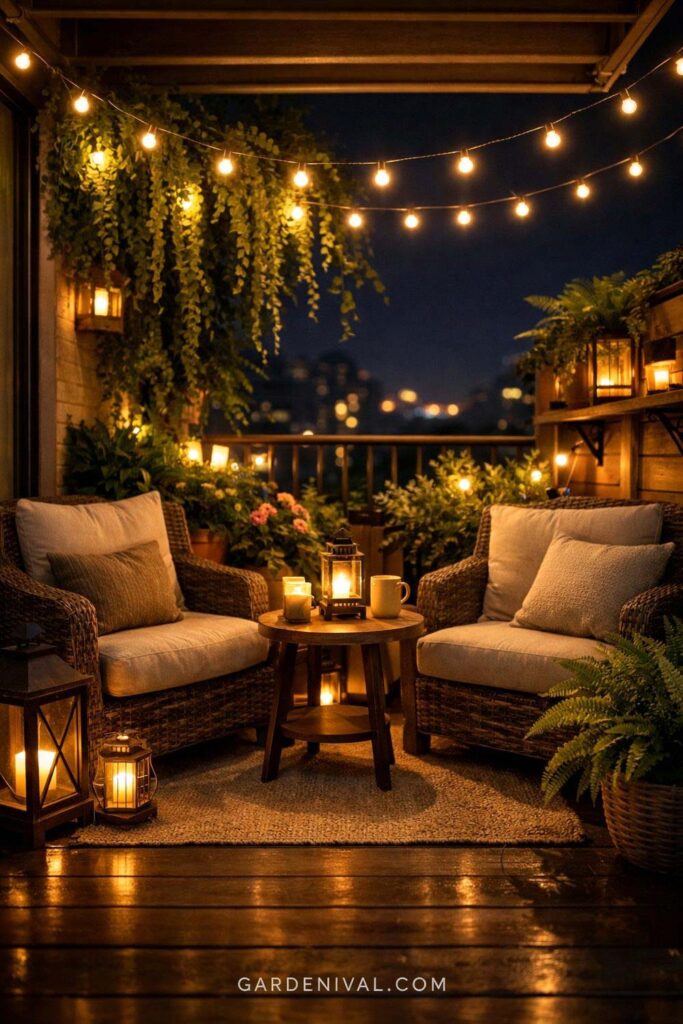 Cozy Balcony Garden at Night with Warm Fairy Lights