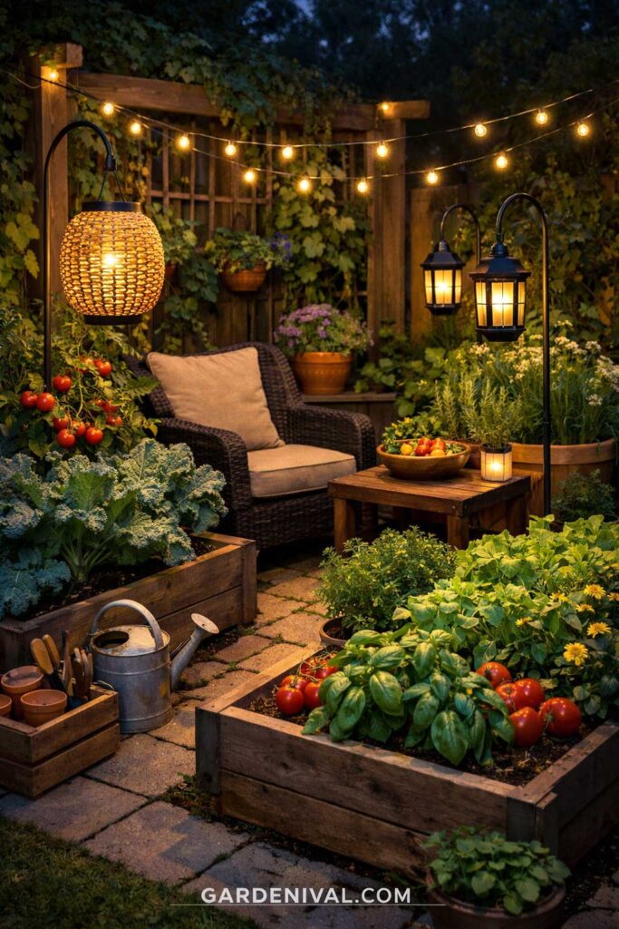 Warm edible garden lighting setup