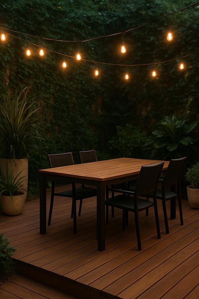 backyard patio with solar string lights