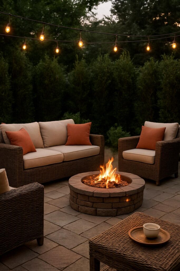 Backyard seating area with woven wicker furniture