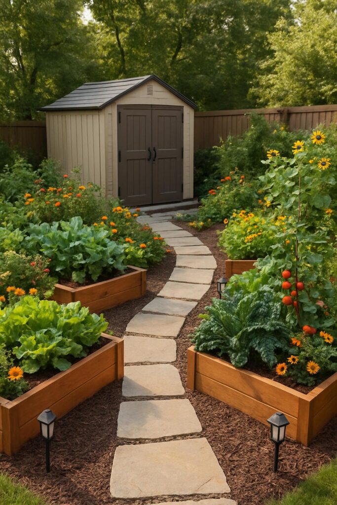 Backyard garden featuring raised beds with colorful vegetables and flowers