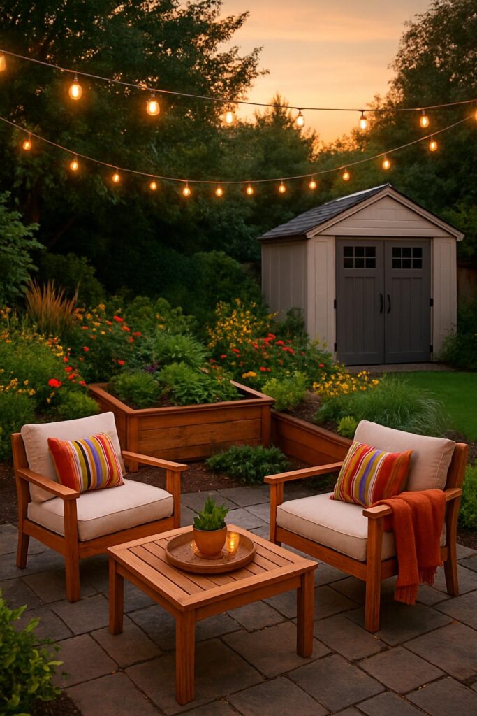 Backyard scene featuring a cozy seating area with string lights above