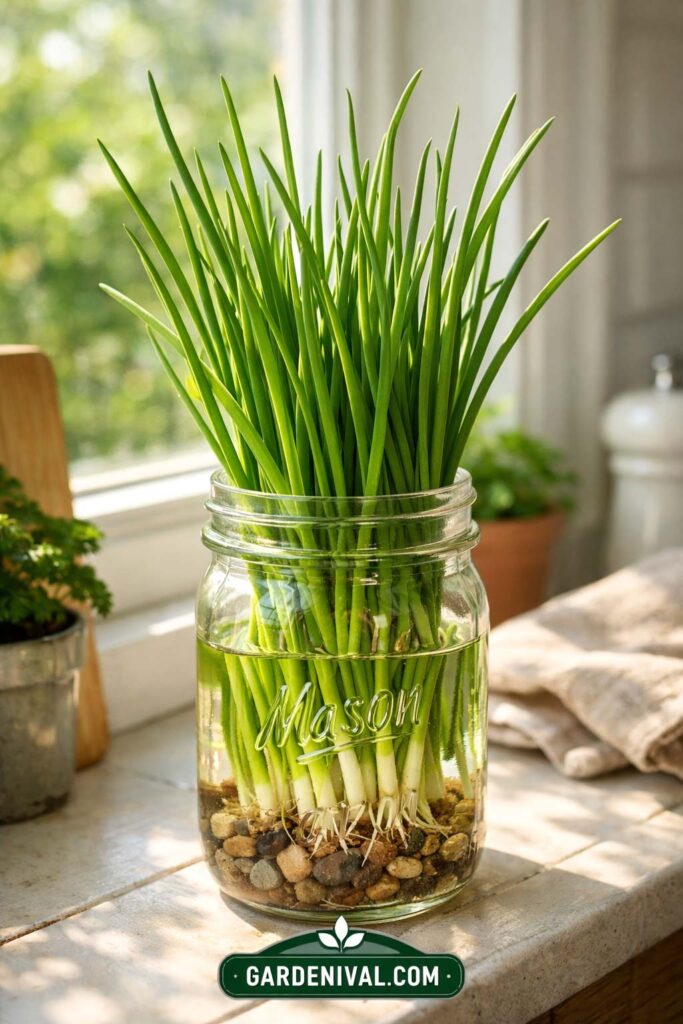 Chives Growing in Mason Jar