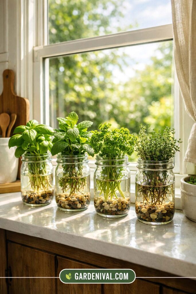 Mason Jar Herb Garden on Kitchen Windowsill