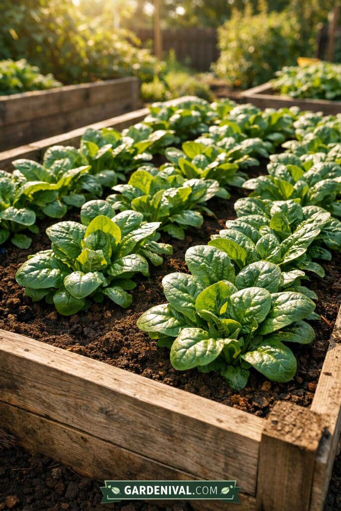 Spinach Growing in Raised Garden Bed