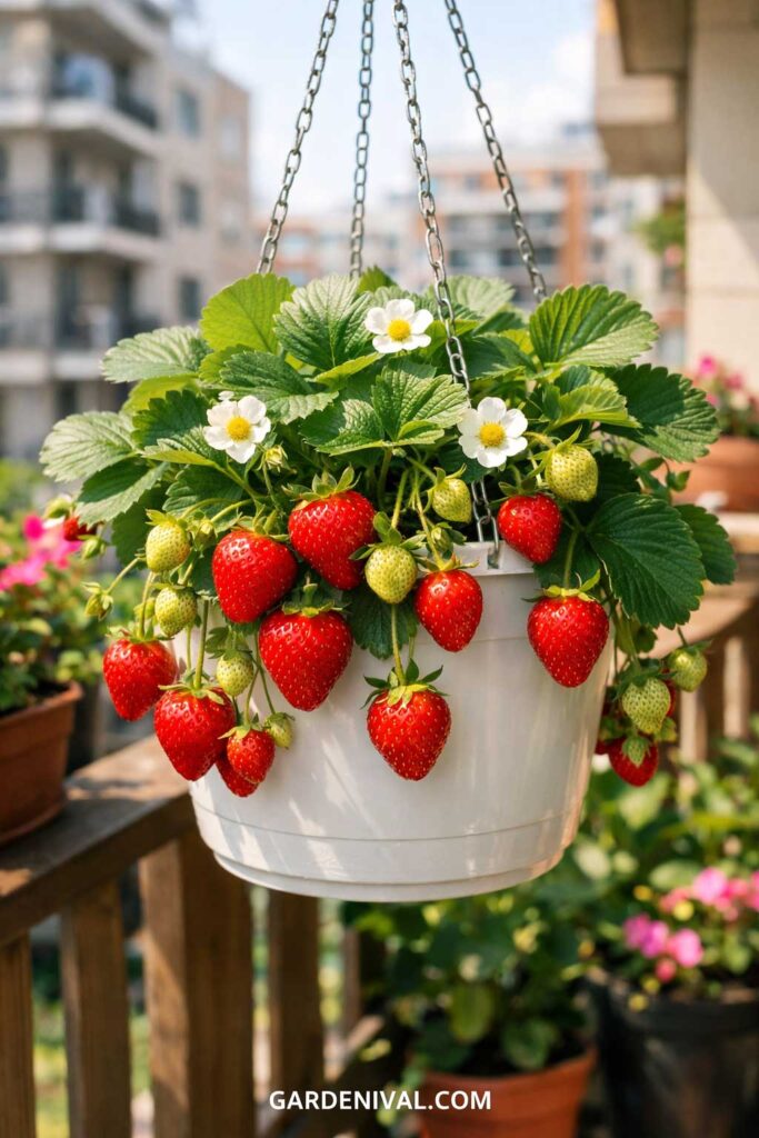Strawberries Growing in Hanging Container