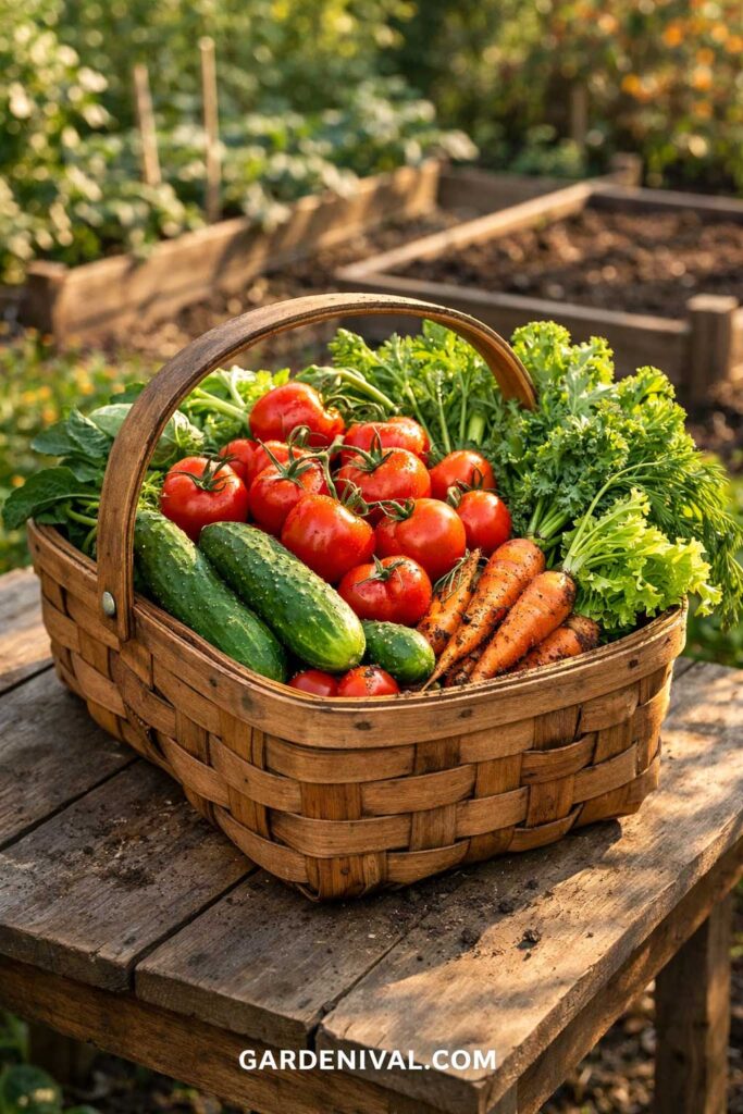 Harvest Basket Filled with Fresh Garden Vegetables