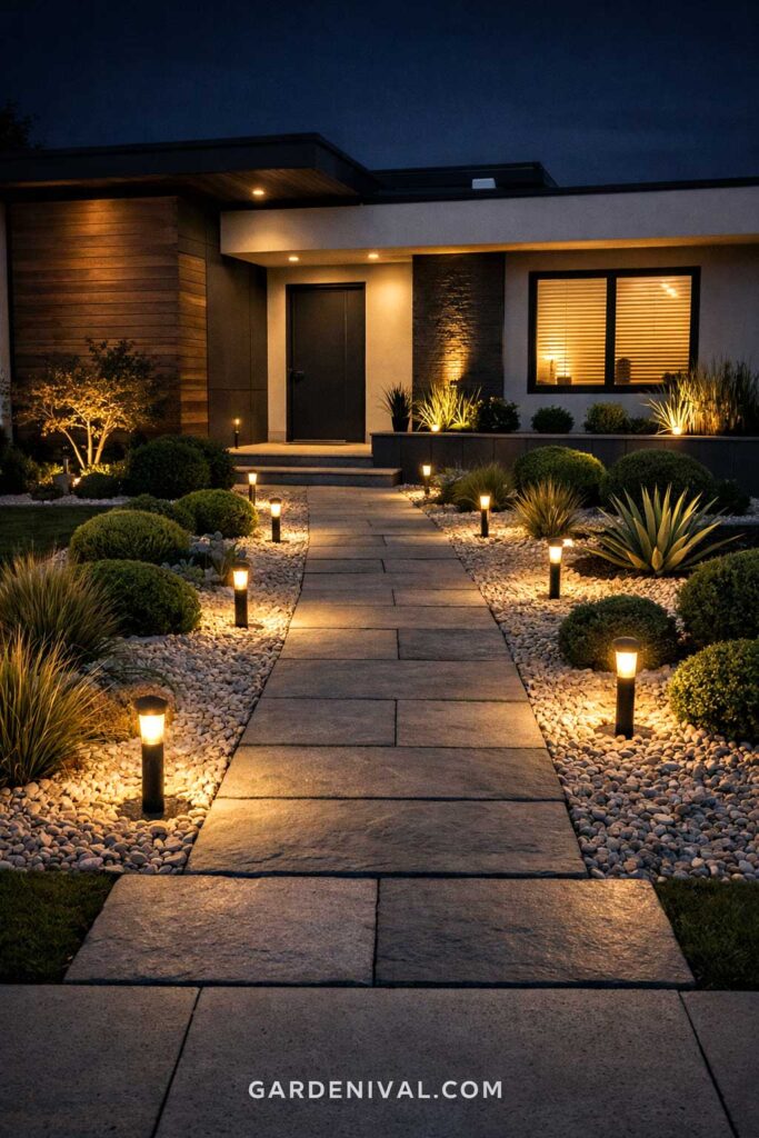 Modern minimalist front yard with pathway lighting at night 